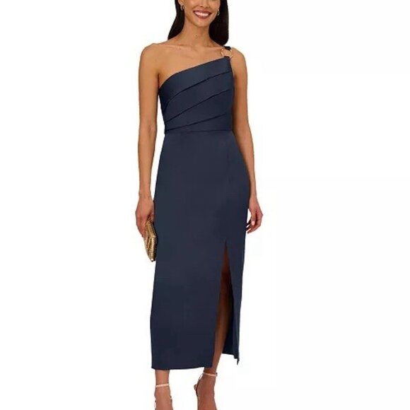 New Adrianna Papell Women’s Size 4 Navy Blue Satin One-Shoulder Gown Dress Maxi - Picture 3 of 14